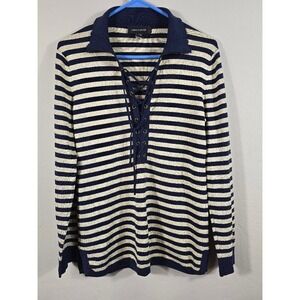 Cable & Gauge‎ Striped Lace-Up Sweater Long Sleeve Knit Top Pullover M